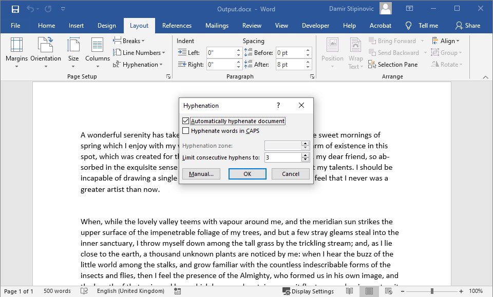 configure auto hyphenation in word 2010 for a book