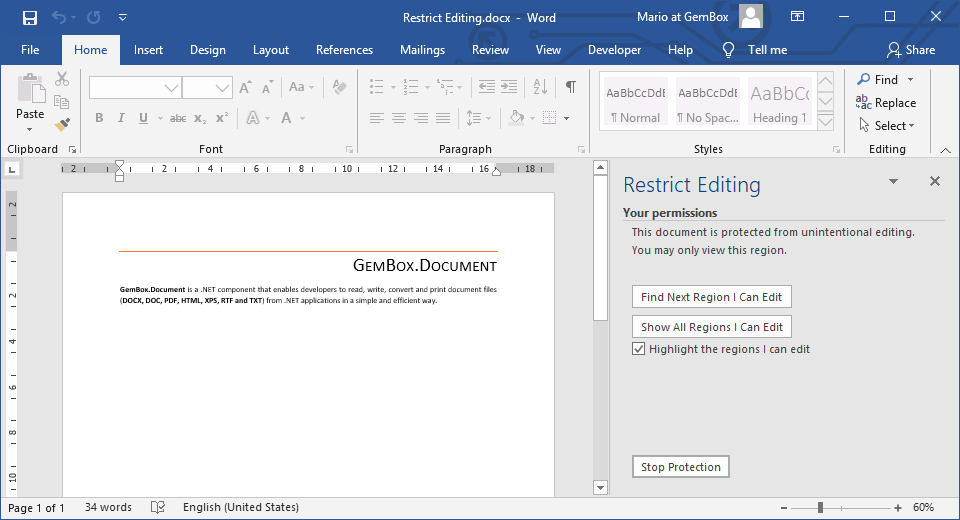 Protected Word file of DOCX format with editing restriction in C# and VB.NET