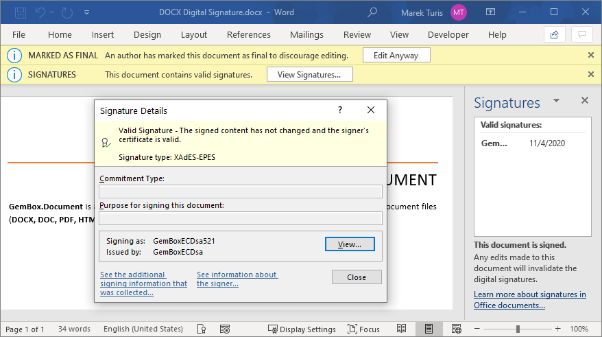 DOCX file digitally signed with GemBox.Document