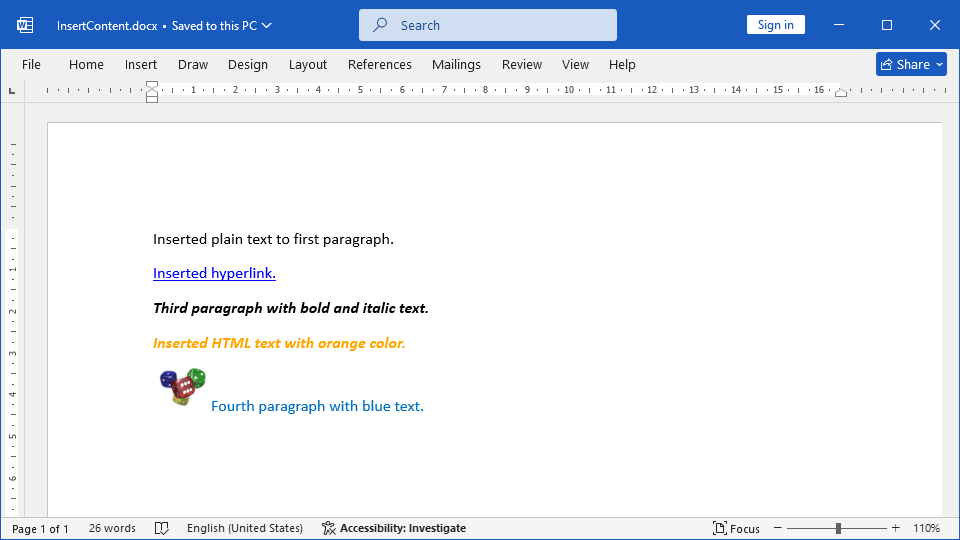 Word document with inserted plain text, HTML text, and image in C# and VB.NET