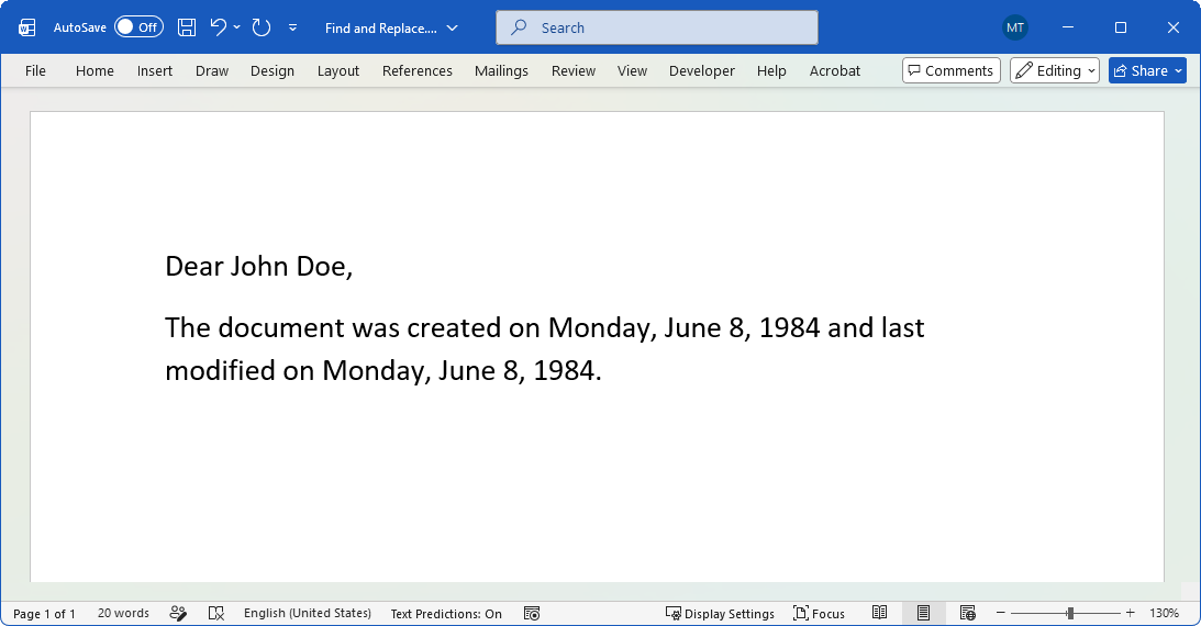 Screenshot of a Word document with find and replace applied using GemBox.Document A Word document with placeholders replaced by text using GemBox.Document