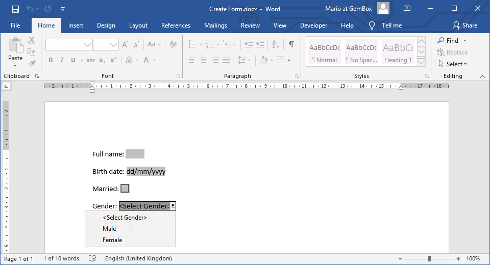 ms word combo box user text