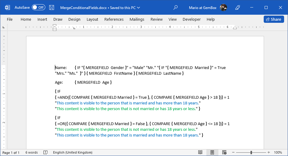 Word document with MERGEFIELD and mixed conditional fields