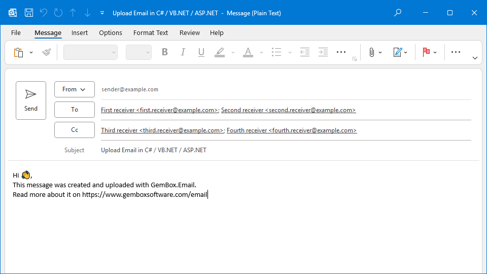 Screenshot of an email message uploaded to Exchange folder