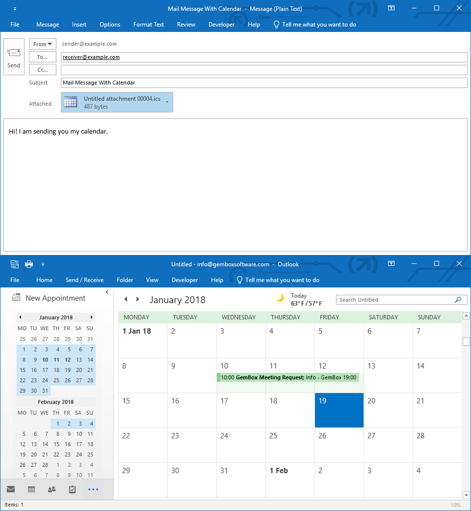 Add a Calendar to a Mail Message from C / applications