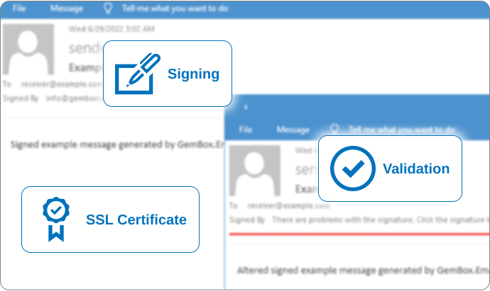 Working with signing, validation and SSL certificates in email messages, by using the GemBox.Email .NET library.