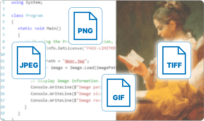 Convert images to and from PNG, JPEG, GIF, and TIFF formats in C# and VB.NET.