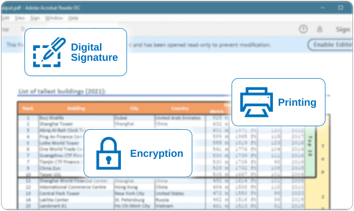 Printing, encryption and digital signature features of GemBox.Spreadsheet .NET library.