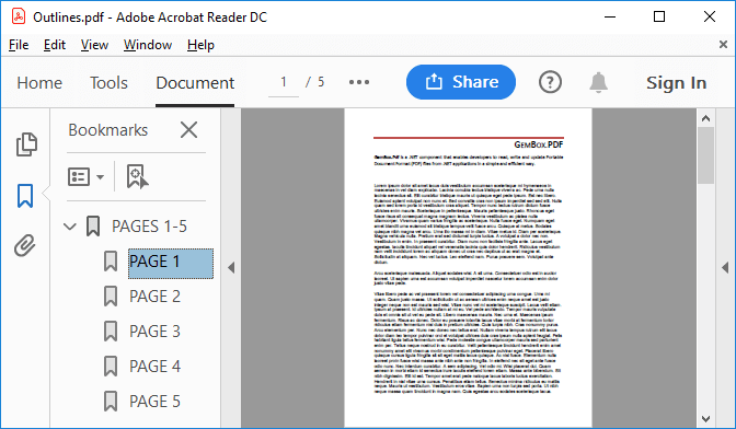 PDF outlines created with GemBox.Pdf C#/VB.NET library