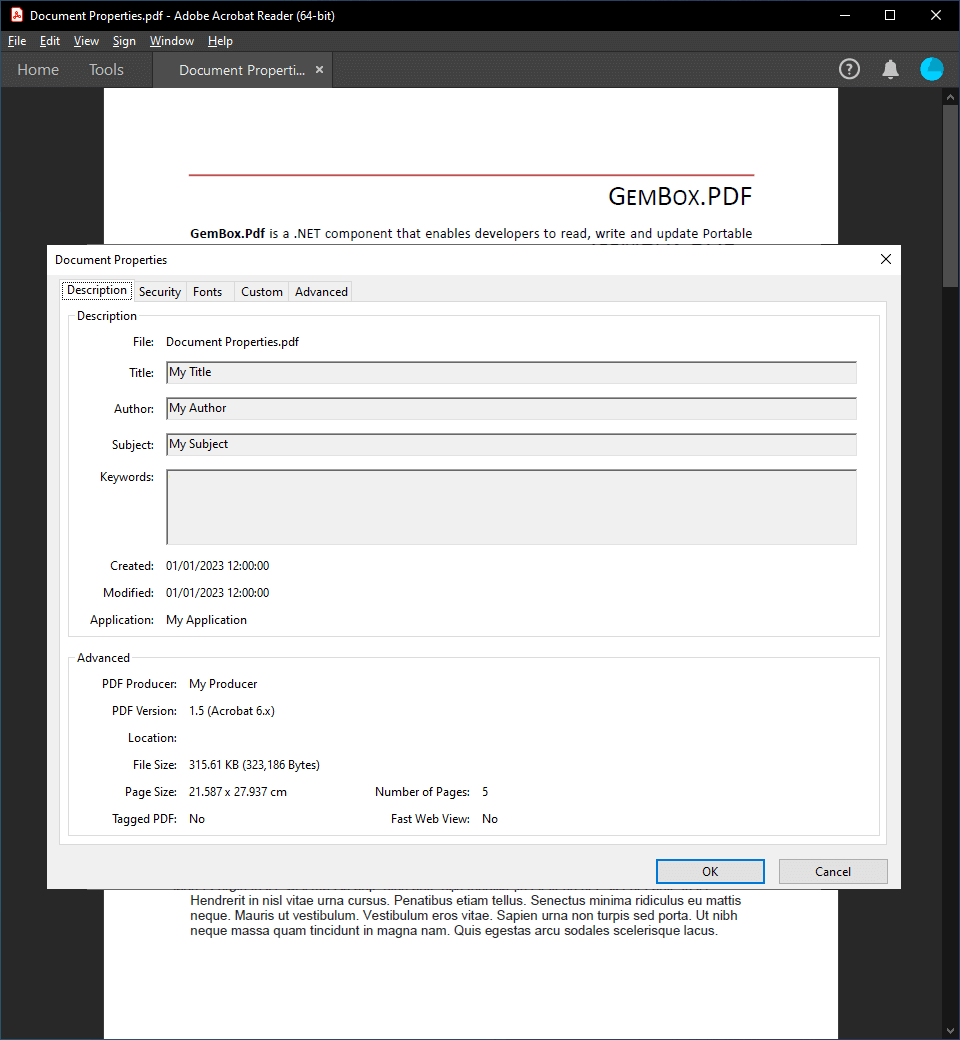 Document properties created in PDF file with C# / VB.NET