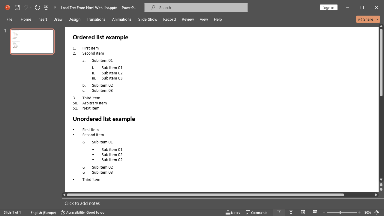 Converted HTML with numbered and bulleted lists content to PPTX presentation in C# and VB.NET