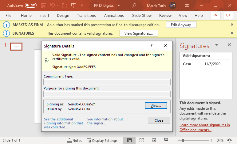 PPTX file digitally signed with GemBox.Presentation