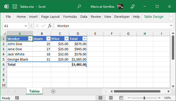 Create Excel Tables from C# /  application