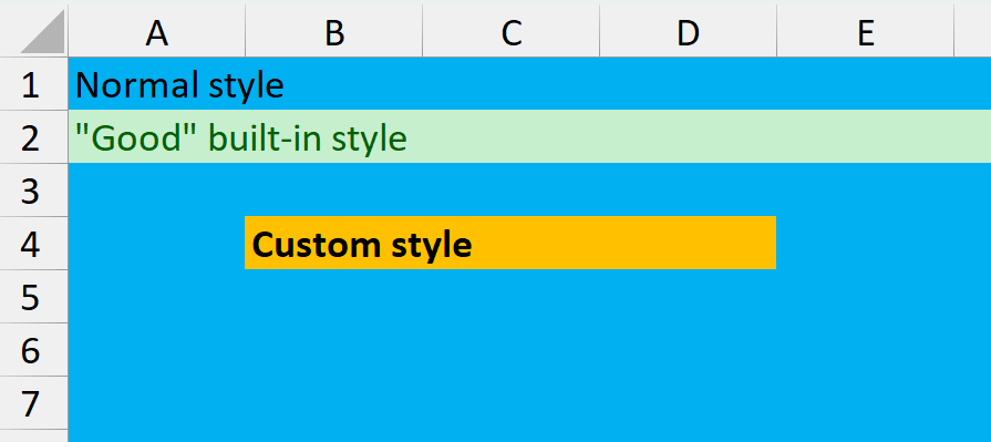 Different styles of Excel cells created in C# or VB.NET Excel built-in, custom, and default styles applied with GemBox.Spreadsheet