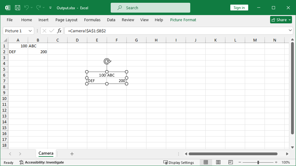 Using camera function in Excel file with C# and VB.NET