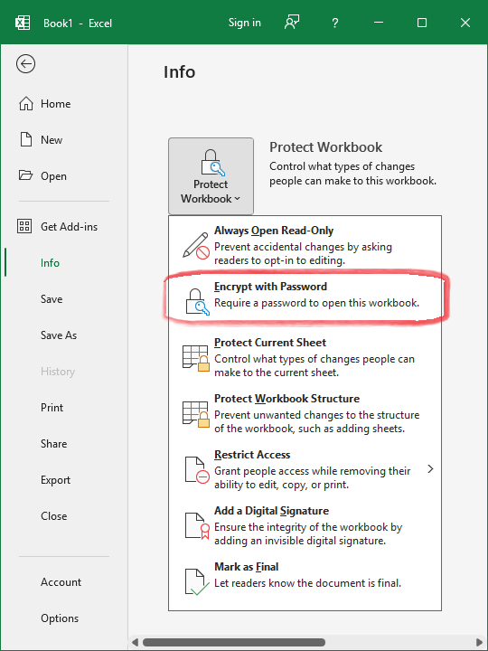 Location of encryption option in Microsoft Excel application