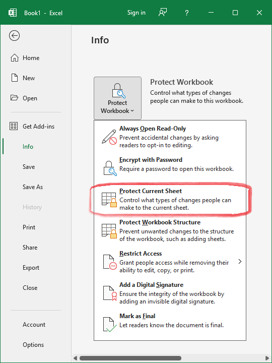 Location of worksheet protection option in Microsoft Excel application