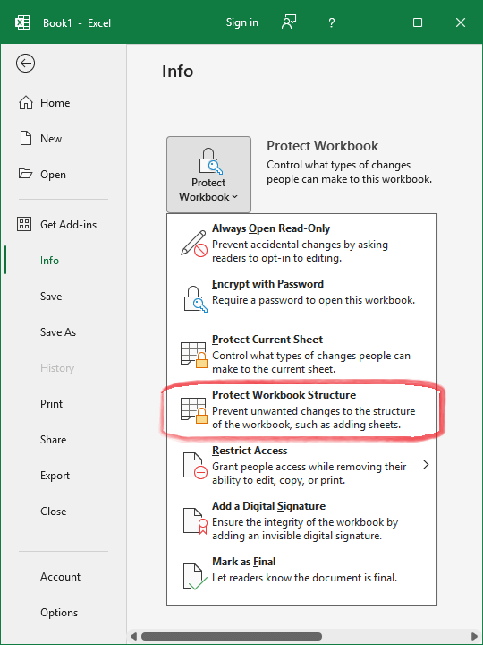 Location of workbook protection option in Microsoft Excel application