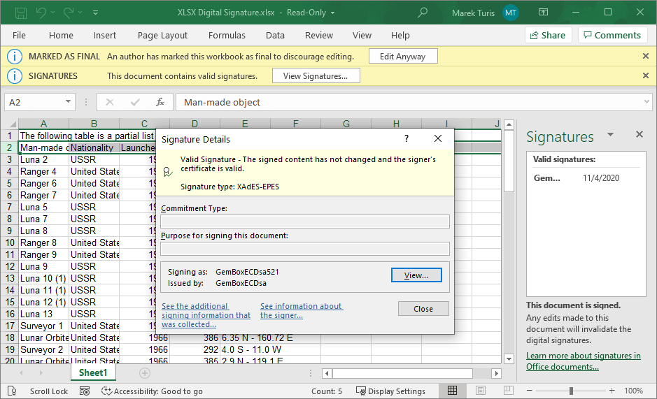 XLSX file digitally signed with GemBox.Spreadsheet