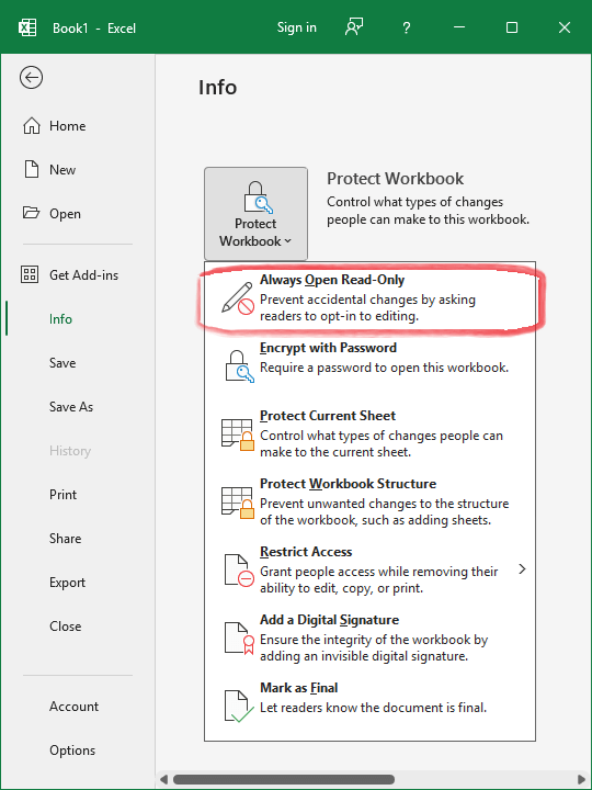 Location of recommended read-only option in Microsoft Excel application